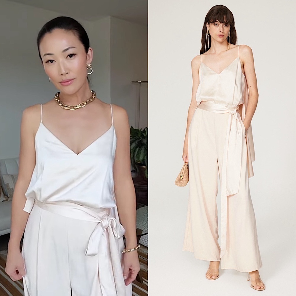 OBANDO Satin Draped Asymmetric Cape Sleeveless High‎ Rise Wide Leg Jumpsuit 8